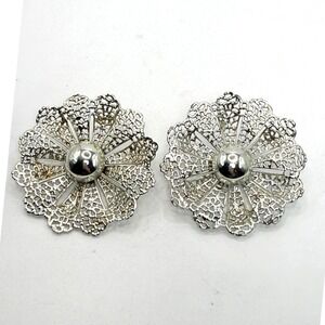 Sarah Coventry Silver Tone Filigree Flower Clip On Earrings Vintage Lace Design
